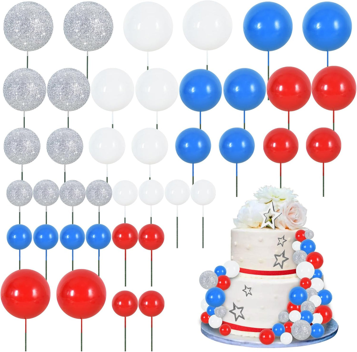 BEISHIDA 40 Pcs Foam Ball Cake Toppers with Sticks Mini Cake Decorations for Birthdays, Weddings, Baby Showers, DIY Baking Supplies, Anniversary Party (Red, Blue, White，Silver)