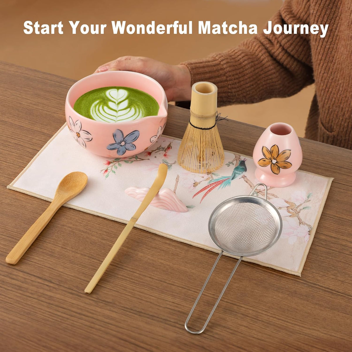 Matcha Whisk Set Pink,8pcs Matcha Set Whisk And Bowl,Matcha Kit With Bamboo Whisks,Ceramic Matcha Bowl,Sifter,Scoop,Holder,Towel,Stand,Spoon