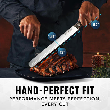 Cutluxe Slicing Carving Knife – 12" Brisket Knife, Meat Cutting and BBQ Knife – Razor Sharp German Steel, Sheath Included, Full Tang