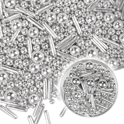 Dazzjoy Silver Pearl Rods Sprinkles, 130g/4.58oz, Mix Size, Pearl Sprinkles for Cupcake Decorating, Cupcake Toppers, Cake Decorations, Ice Cream, Wedding Party Valentines Easter Supplies