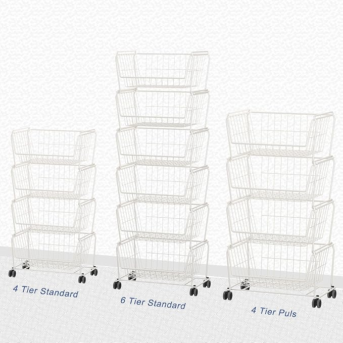 PUSDON 6-Tier Tall Stackable Wire Storage Baskets with Wheels, Vertical Metal Rolling Utility Cart, High Capacity Produce Basket for Kitchen Pantry, Snack Organizer, Classic White