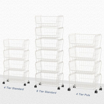 PUSDON 6-Tier Tall Stackable Wire Storage Baskets with Wheels, Vertical Metal Rolling Utility Cart, High Capacity Produce Basket for Kitchen Pantry, Snack Organizer, Classic White