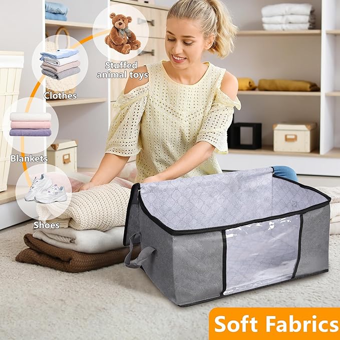 BiCINE 8 Pack Clothes Storage Bags with Zipper, 45L Foldable Blanket Storage Bag with Clear Window Sturdy Handles for Closet, Dorm, Pillows, Bedding, Sheet, Comforter, Gray