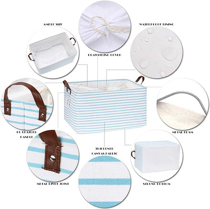 Hinwo 70L Extra Large Storage Bins, Closet Organizers and Storage, Foldable Clothes Storage Baskets with Handles, Containers for Clothing, Blanket, Comforters, Toys, Bedding (Aqua Stripe)