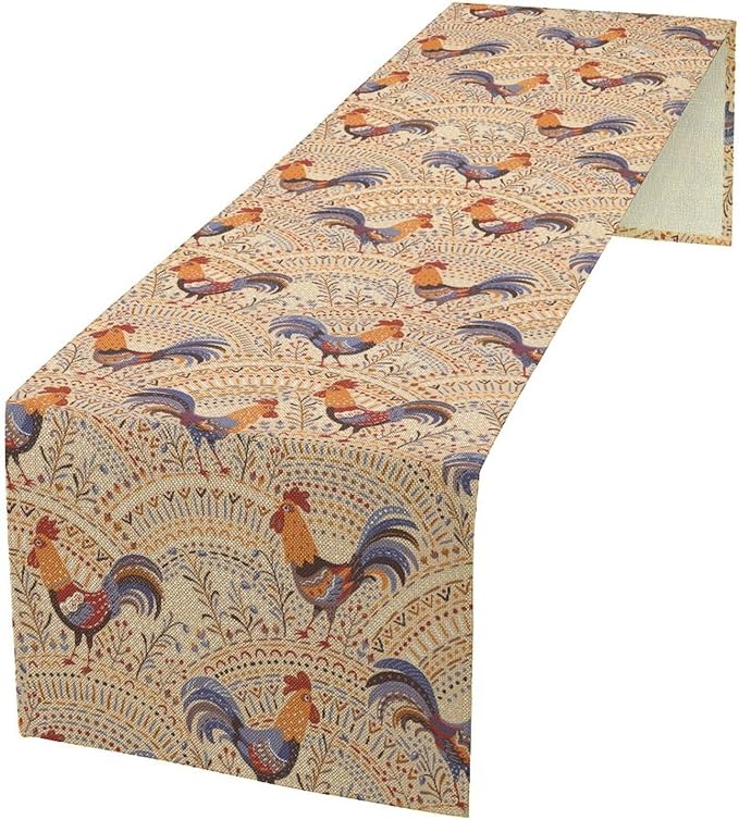 Cute Roosters Table Runner, Boho Rustic Cock Chicken Vintage Arch Floral Plants Print Table Cover for Holiday Kitchen Dining Table Indoor Outdoor Home Party Decor, 13x60inch