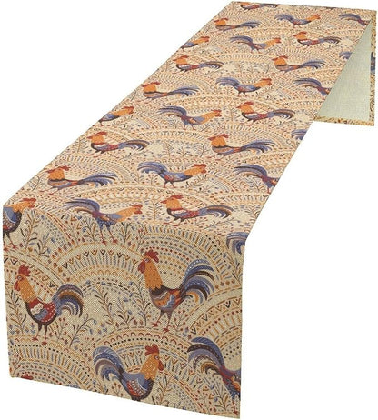 Cute Roosters Table Runner, Boho Rustic Cock Chicken Vintage Arch Floral Plants Print Table Cover for Holiday Kitchen Dining Table Indoor Outdoor Home Party Decor, 13x60inch