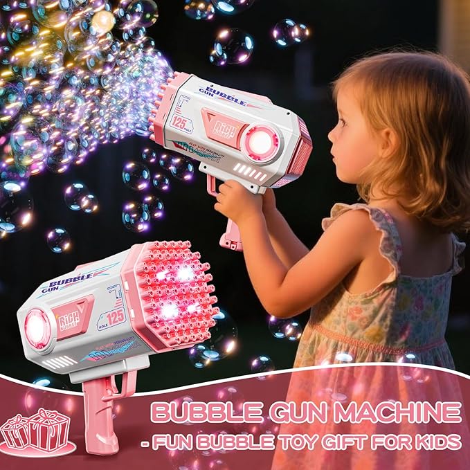 Deserthome Bubble Gun, Upgraded 125 Holes Bubble Guns for Wedding, Pink Bubble Machine for Kids Age 3 4 5 6 7 8 9 10 11 12 Year Old, Big Bubble Blower Gun with Lights, Easter Outdoor Party Favors