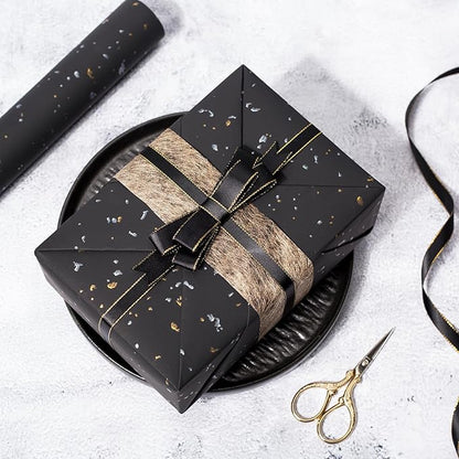 MAYPLUSS Wrapping Paper Roll - 17in x 16.5Ft - Luxury Thick Black Gold Foil Flakes Marvelous Satin Texture Matte Gift Wrap Paper for Birthdays, Anniversaries, Christmas, Father's Day