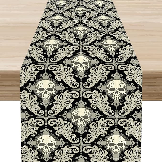 Skull Table Runner, Retro Antique Gothic Damask Pattern Classic Halloween Boho Black Coffee Vintage Table Center Decor for Kitchen and Dining Outdoor Home Country Party Table Decorations, 13"x72"