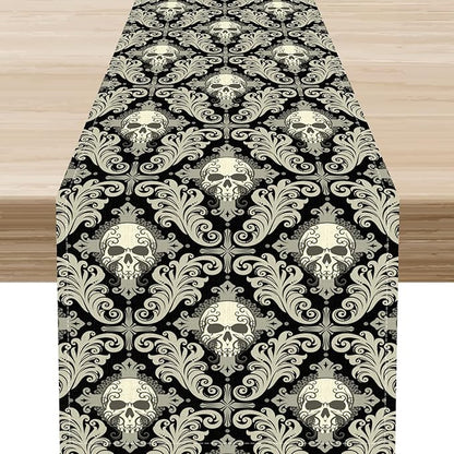 Skull Table Runner, Retro Antique Gothic Damask Pattern Classic Halloween Boho Black Coffee Vintage Table Center Decor for Kitchen and Dining Outdoor Home Country Party Table Decorations, 13"x72"