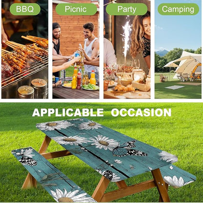 ANNA QUEEN 6FT Blue Daisies Picnic Table Cover with Bench Covers Spring Picnic Table Cover Set 3PCS 72"x30", Waterproof Outdoor Bench and Tablecloth Furniture Protection for Camping Beach BBQ Patio