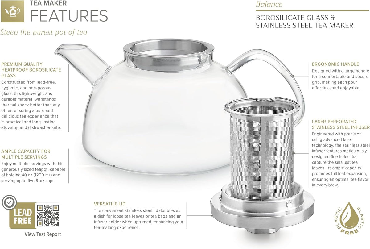 Teabloom Balance Borosilicate Glass Tea Kettle & Teapot – Stovetop-Safe, 40oz – Deep Loose Tea Infuser for Hot & Iced Tea