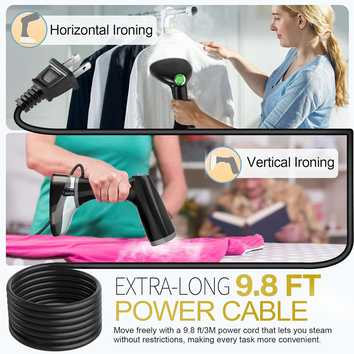 Steamer for Clothes, 1800W Fast Heat-up Clothes Steamer Handheld Garment Steamer with 3 Steam Settings, 380ml Water Tank, 9.8' Cord, Portable Travel Steam Iron for Removes Wrinkle Safe on All Fabrics