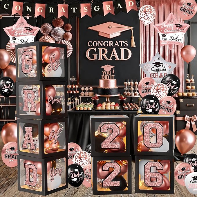 Rose Gold Graduation Decorations 2026, Pink Graduation Decorations Set of 4 Balloons Boxes with Letters 2026 GRAD So Proud of You, Congrats Grad Decorations for High School & College
