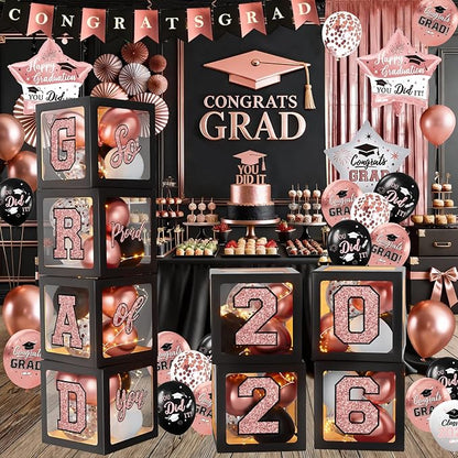 Rose Gold Graduation Decorations 2026, Pink Graduation Decorations Set of 4 Balloons Boxes with Letters 2026 GRAD So Proud of You, Congrats Grad Decorations for High School & College