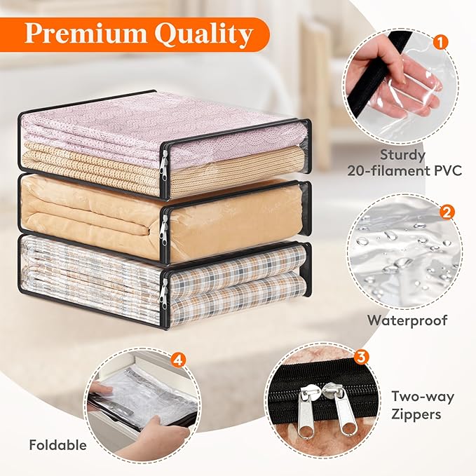 Lifewit 14L Clear Sheet Storage Bags with Zipper 12 Pack, Plastic Sweater Storage Bins for Clothing, Vinyl Foldable Clothes Containers Organizers for Closet, Blankets, Bedding 15.7 x 13.8 x 3.9 Inch