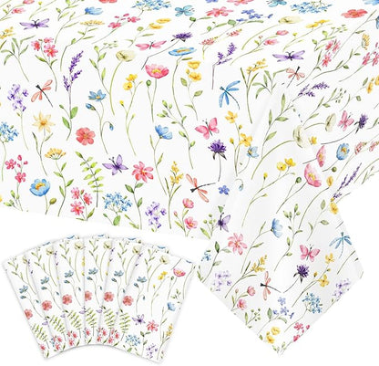 Homanu 6 Pack Wildflower Party Decorations Tablecloths, Large Size 54 X 108 Inch Rectangle Floral Tablecloth Plastic Table Cover for Birthday Party Baby Shower Decorations