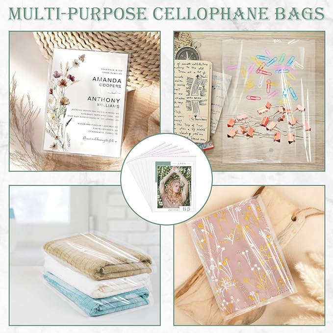 Cellophane Bags, 70 Pcs Resealable Clear Poly Bags for Clothes, Shirt Bag, Decorative Wrappers, Party Favors & Artwork(8x10)