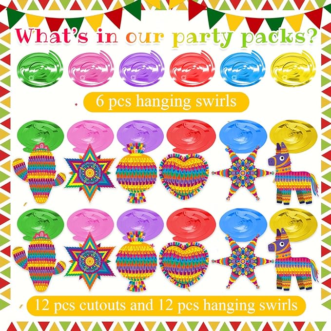 Mexican Fiesta Hanging Swirls - 30 Pcs Cinco De Mayo Decorations Ceiling Hanging Streamers for Mexican Fiesta Cactus Themed Birthday Baby Shower Party Decorations