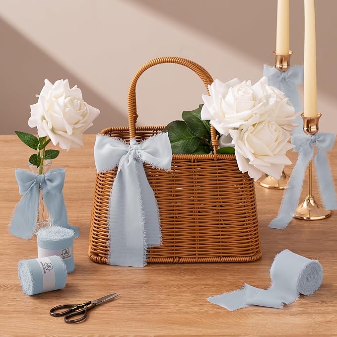 DORIS HOME Baby Blue Chiffon Ribbon for Flower Bouquet, 2" x21Yd Fabric Ribbon for Gift Wrapping, Handmade Frayed Ribbon for Wedding/Christmas Decorations