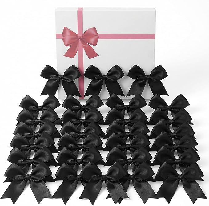 Black Gift Wrap Bows – 50pcs 3.3 Inch Elegant Satin Bows for Gift Wrapping, Wedding Decor, Baby Shower, Party Decorations, Birthday, Easter, Christmas, Anniversary, DIY Crafts, Gift Bags