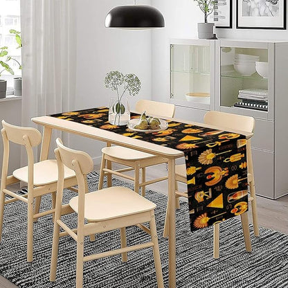 Egyptian Table Runner, Retro Egypt Mural Old Hieroglyphic Elements Ancient Mythology Hieroglyph Symbol Printed Kitchen Dining Table Runner for Kitchen Living Room Home Party 13x70in