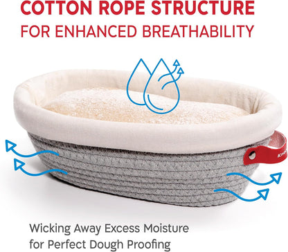 Cotton Rope Banneton Bread Proofing Basket Set, 2 x Oval Bread Basket with Liners & Covers for Artisan Bread Baking, Sourdough Bread Baking Supplies