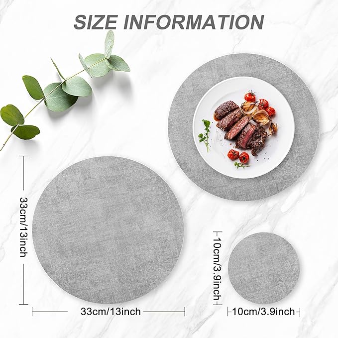 Round Faux Leather Placemats and Coasters, Set of 8, Reversible Heat Resistant Non-Slip Table Mats, Waterproof Wipeable Place Mats for Dining Table, Washable for Indoor & Outdoor (8, Light Grey)