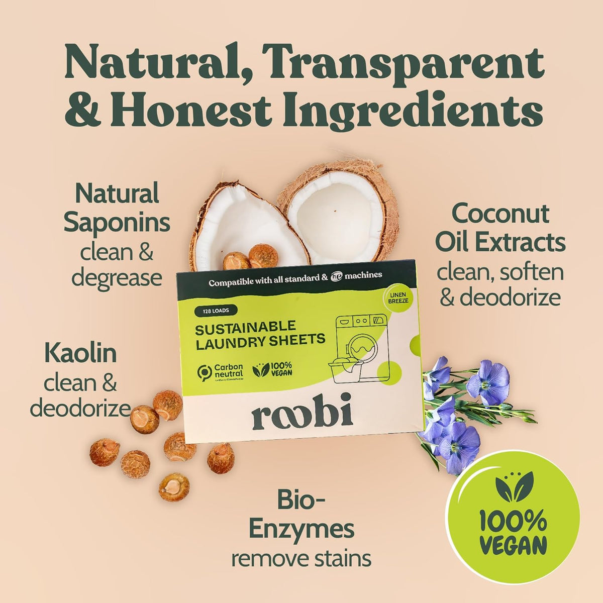 Roobi Laundry Detergent Sheets. Up to 128 Loads, Liquidless Detergent. Carbon Neutral, 100% Vegan & Sustainable Linen Breeze Scent.