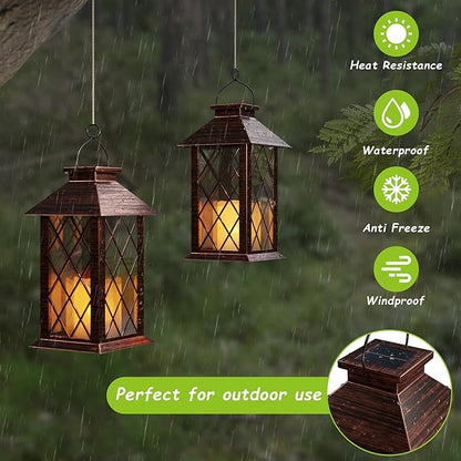 Outdoor Solar Lanterns, Waterproof Hanging Lantern with LED Flickering Flameless Candle, 13'' Bronze Outdoor Solar Powered Lantern Decor for Porch Patio Garden Balcony Pathway, 2 Pack