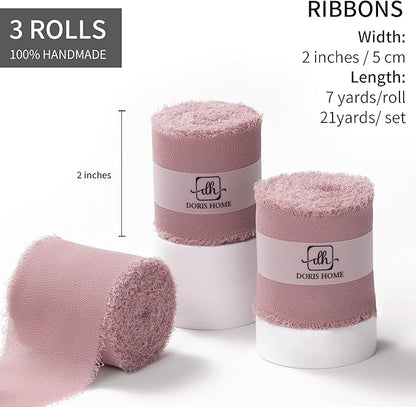 DORIS HOME Mauve Chiffon Ribbon for Flower Bouquet, 2" x21Yd Fabric Ribbon for Gift Wrapping, Handmade Frayed Ribbon for Wedding/Christmas Decorations