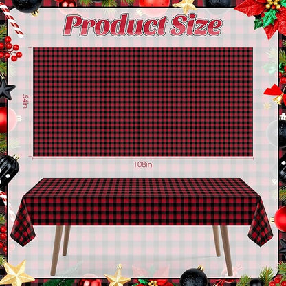 1 Pack Red Striped Gingham Tablecloths, 54 x 108 Inch Disposable Plastic Rectangle Table Covers, Waterproof Red and Black Checkered Table Cloths for Picnic, Birthday, Party, Outdoor Events