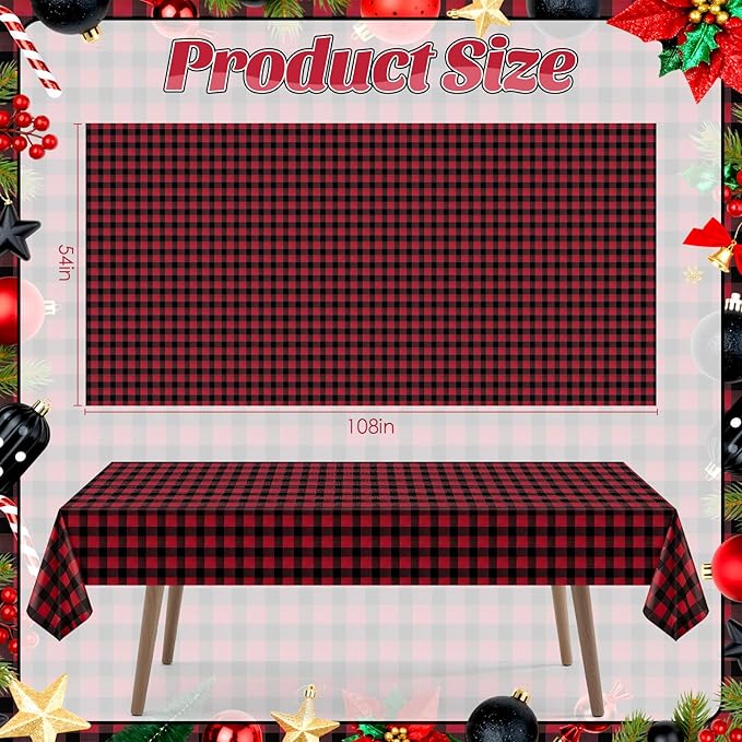 2 Pack Red Striped Gingham Tablecloths, 54 x 108 Inch Disposable Plastic Rectangle Table Covers, Waterproof Red and Black Checkered Table Cloths for Picnic, Birthday, Party, Outdoor Events