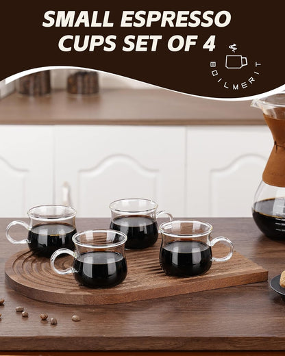 Espresso Cups Set of 4, 5 Ounces Espresso Shot Glass, Clear Double Esperesso Glasses with Handle, Small Tazas De Cafe Espresso Machine Accessories