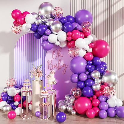 MEBAY Hot Pink Purple Silver White Baloon Garland Arch Kit, 147Pcs Latex Balloons Different Sizes 18 12 10 5 inch for Women Girls Wedding Birthday Baby Shower Party Decorations
