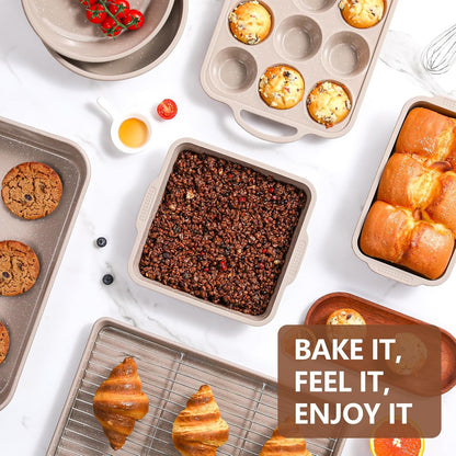 Vinino 8-Piece Baking Pans Set Nonstick, Bakeware Set includes Silicone Muffin, Loaf, Cake Pans with Metal Reinforced Frame, and Carbon Steel Roasting Pan, Cookie Sheet, Cooling rack for Oven