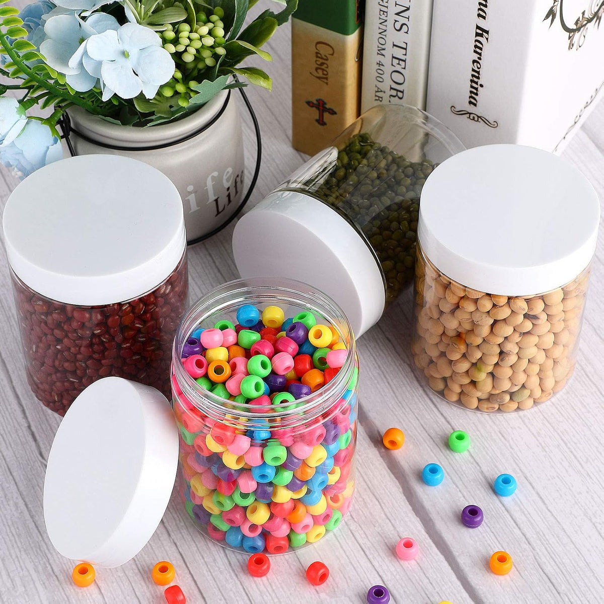 Patelai 4 Pieces Round Wide-mouth Leak Proof Plastic Container Jars with Lids for Travel Storage Makeup Beauty Products Face Creams Oils Salves Ointments DIY Making(10 Ounce,White)