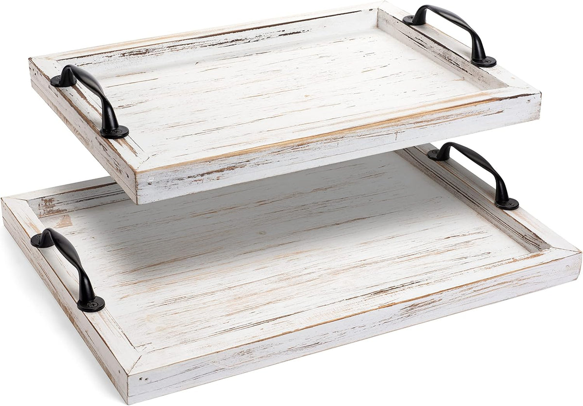 Rustic Serving Tray with Handles - 2 Nesting Trays for Serving Food - Wooden Tray for Decor, Coffee Table & Ottoman