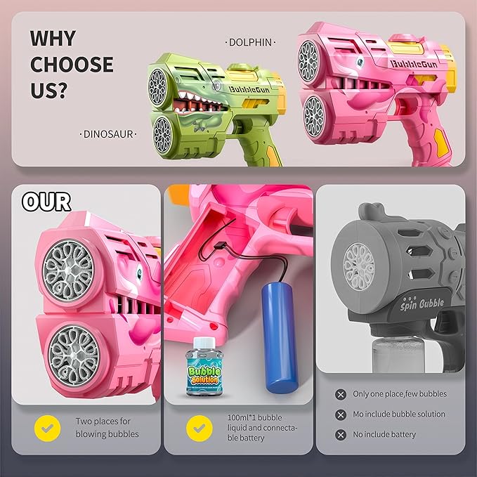 Rechargeable Pink Dolphin Bubble Guns for Kids, LED Light Up Bubble Machine Blower with Bubble Refill Solution for Kids, Bubble Makers Blaster for Toddlers, Summer Wedding Toys Gift