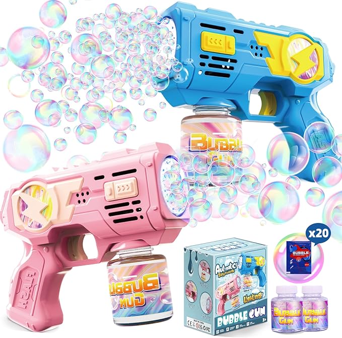 Bubble Gun Toys for 3+ Year Old Kids Boys Girls, LED 2 Pack Automatic Bubble Machine with Bubble Solution, Summer Outdoor Kids Toys for Ages 3-4,4-6,5-7, Birthday Party Gifts for 3 4 5 6 7 8 Year Old