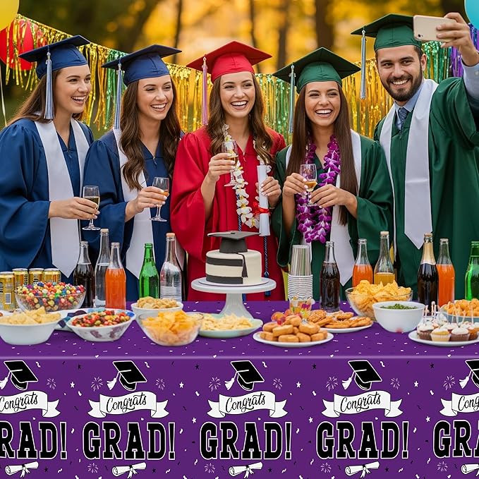 2 Pcs Graduation Tablecloth, 108" X 54" Plastic Graduation Decorations 2026, Rectangle Purple Table Cloths for Grad Decor Party Supplies, Disposable Tablecover for Class of 2026 Congrats Grad for kids