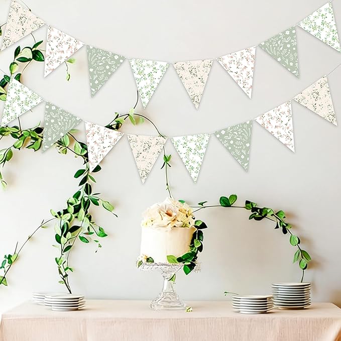 3pcs Sage Green Floral Triangle Bunting Banners Garland, Boho Wildflower Pennant Flags for Baby Shower Bridal Shower Wedding Birthday Party Garden Home Decor