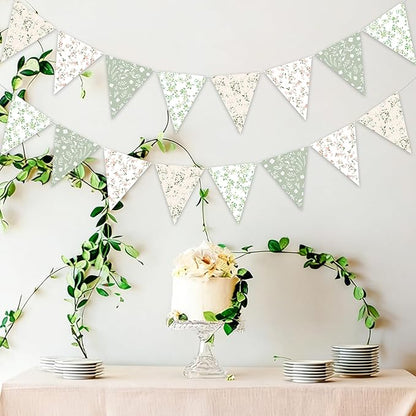 3pcs Sage Green Floral Triangle Bunting Banners Garland, Boho Wildflower Pennant Flags for Baby Shower Bridal Shower Wedding Birthday Party Garden Home Decor