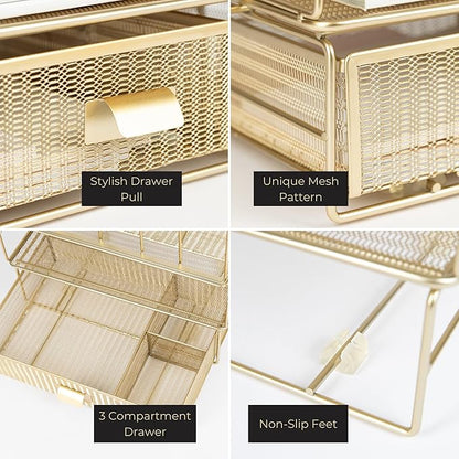 BLU MONACO | Gold Desk Organizer Set with Detachable File Organizer, Stackable Paper Tray & Storage Drawer | Stylish Gold Desk Accessories for Women & Office Organization