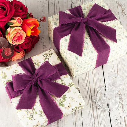 Grape Wine Cotton Ribbon 1-1/2 Inch Grape Wine 3 Rolls 21 Yards Frayed Edge Fabric Set for Wedding Decor, Anniversary Celebration, Bridal Bouquet Wrap, Gift Wrapping & Fall Wedding