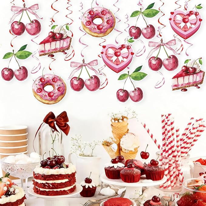 Cherry Hanging Swirls - 30 Pcs Cherry Party Decorations Cherry Bow Donut Ceiling Hanging Streamers for Girls Birthday Baby Shower Party Supplies