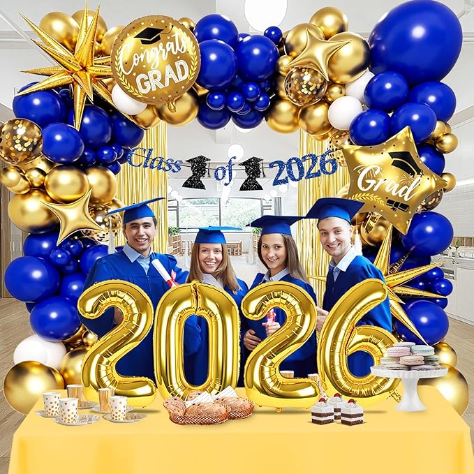 Blue and Gold Graduation Decorations 2026 with Fringe Curtain Banner Metallic Gold Confetti Royal Blue White Balloons for Graduation Decorations 2026