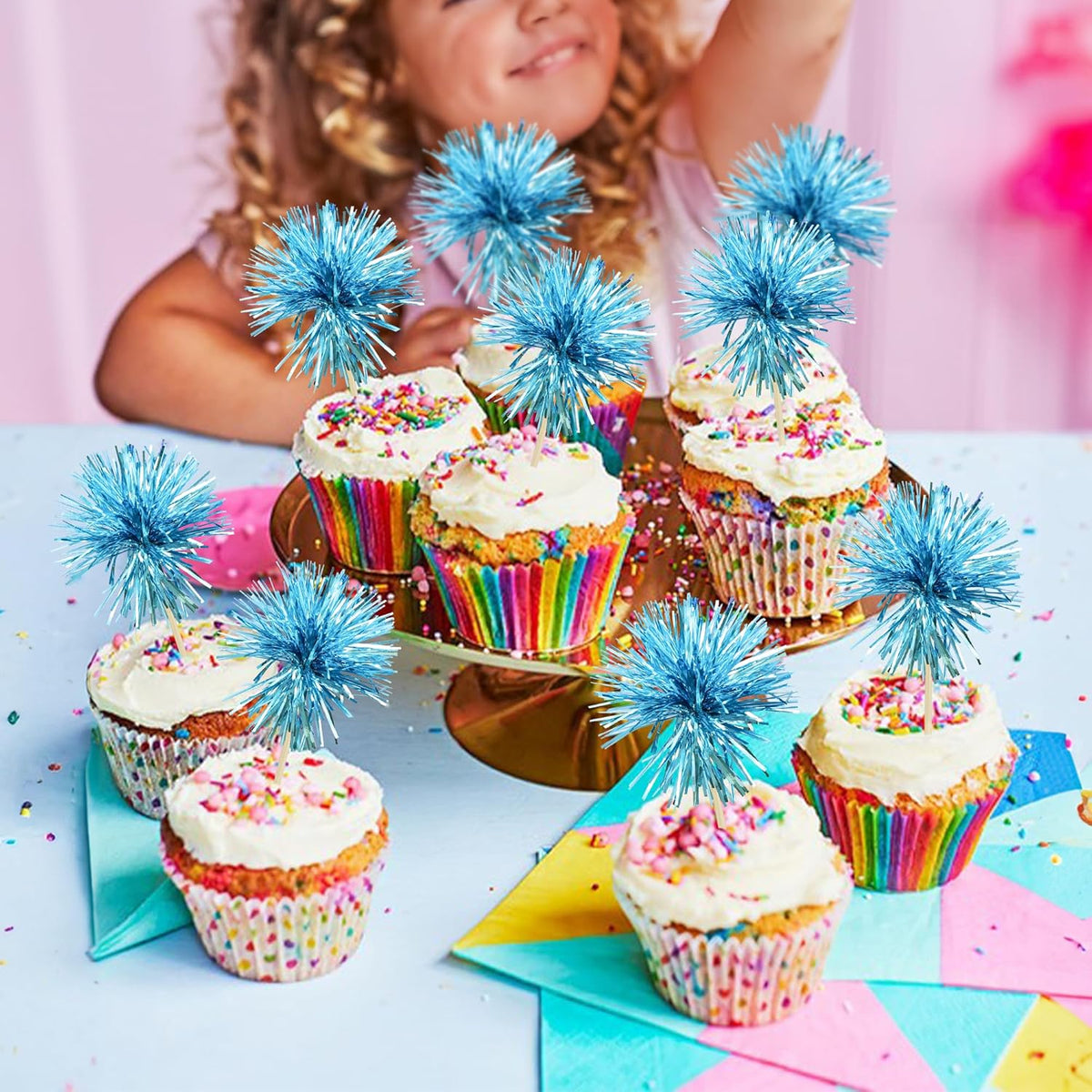 Gyufise 30Pcs Foil Firework Cupcake Toppers Sparkle Tinsel Cake Toppers Tinsel Drink Cake Decoration Cocktail Picks for Birthday Wedding Graduation Party Supplies Lake Blue