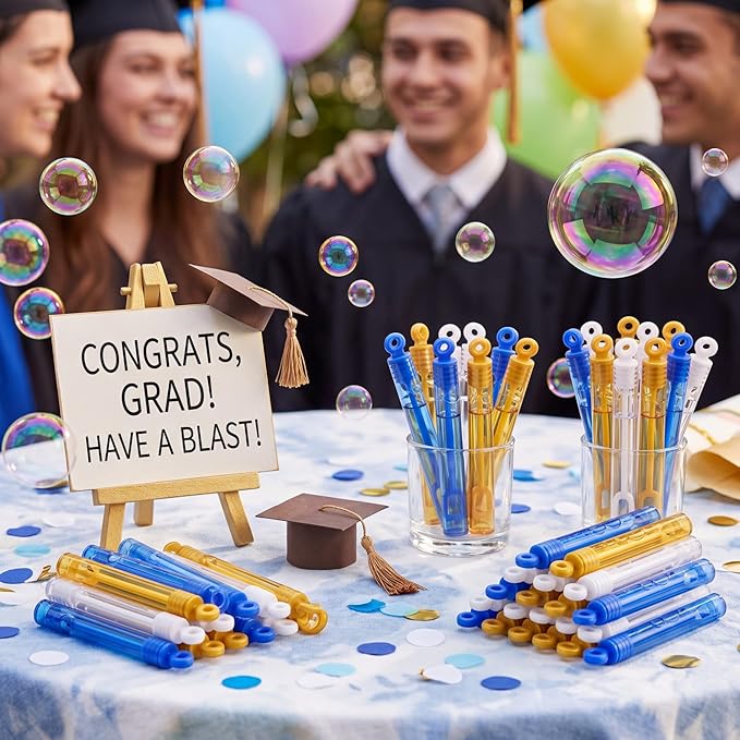 Lunmon 120 Pcs Graduation Mini Bubble Wands Bulk Grad Party Favors Class of 2026 Gold Blue White Bubble Toys Gifts for Kids Preschool Kindergarten Grad Birthday Party Supplies for High School Students