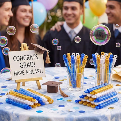 Lunmon 120 Pcs Graduation Mini Bubble Wands Bulk Grad Party Favors Class of 2026 Gold Blue White Bubble Toys Gifts for Kids Preschool Kindergarten Grad Birthday Party Supplies for High School Students